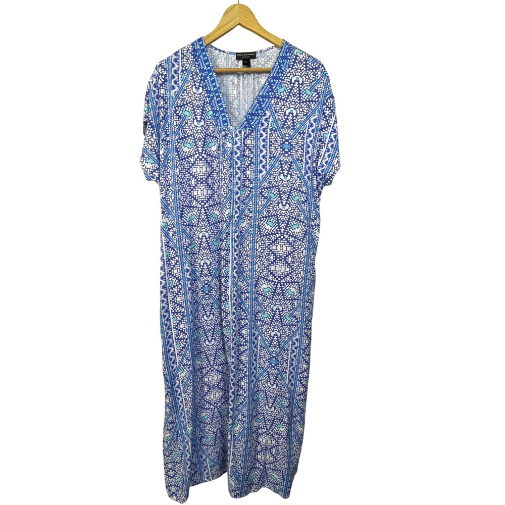 Miss Elaine Relax Blue White Geometric Short Sleeve Maxi Dress Women's L Lounge